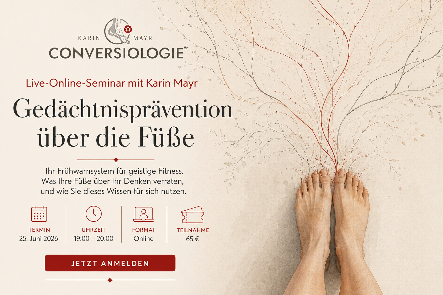 Nackte Füße, aus denen feine Verästelungen wie Nervenbahnen nach oben wachsen
